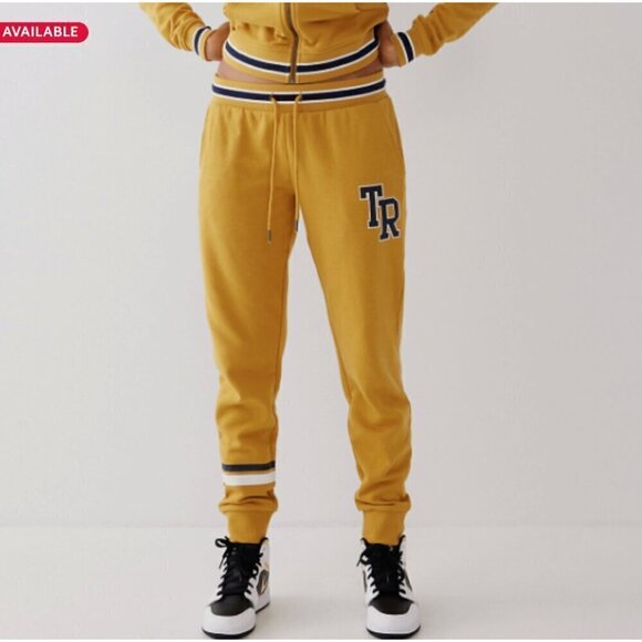 True Religion Womens Jogger Sweatpants Yellow Athletic Collegiate XL Logo Stripe - Picture 1 of 14